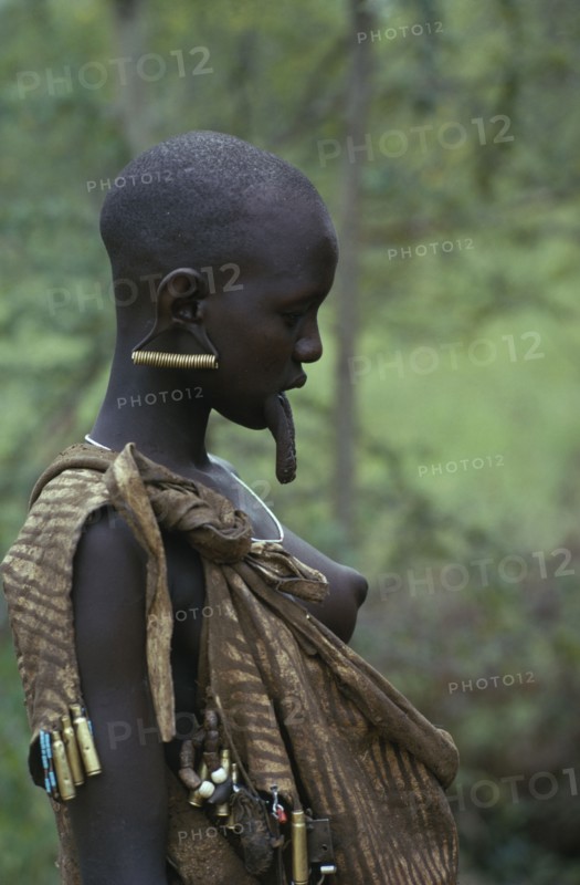 ETHIOPIA, Body Decoration, Mursi tribeswoman wearing multiple earrings in stretched earlobe with large hanging lip stretched by lip plate