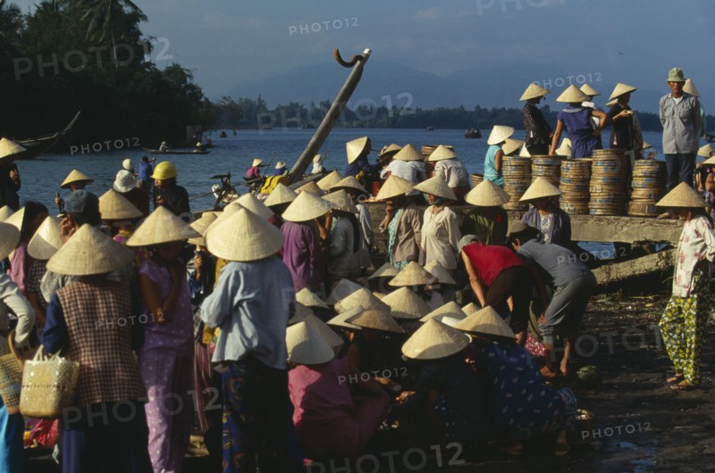 VIETNAM, Central, Hoi An, Women wearing traditional conical hats at the busy fish market beside the river