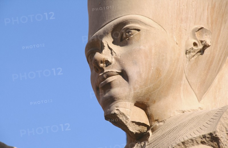 EGYPT, Nile Valley, Karnak, Precinct of Amun.  Head detail of statue of Pharaoh.