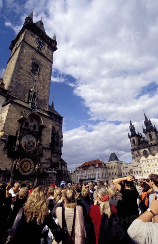 CZECH REPUBLIC, Prague, Astronomical Clock on the wall of the Town Hall with Tyn Church beyond