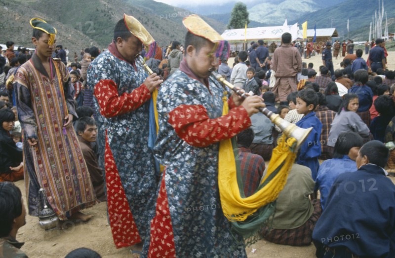 BHUTAN, Festivals, Procession of priests with horns at Padmasambhava festival