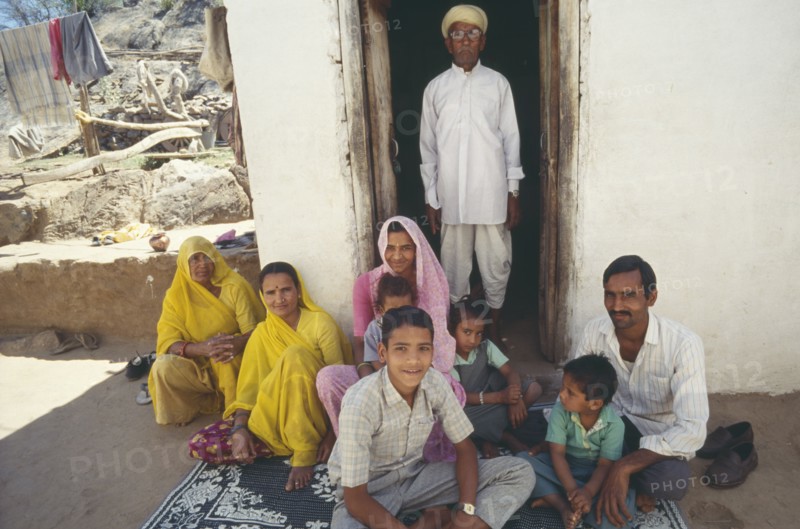 INDIA, Rajasthan, Udaipur, Three generations of extended family near Udaipur.