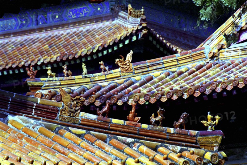 CHINA, Shandong, Qufu, View along line of traditional style rooves with decorative features in the ancient grounds where Confucius practiced
