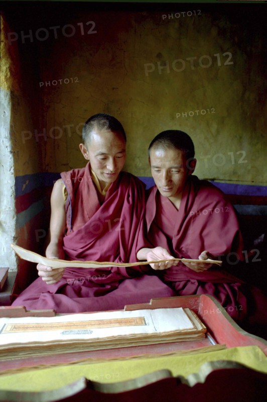 CHINA, Tibet, Ganden Monastery, Monks reading scriptures