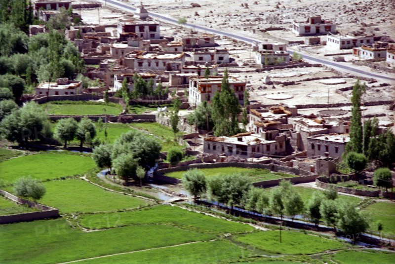 INDIA, Ladakh, View over village houses with water run along the edge of cultivated fields providing the lifeblood for the valley