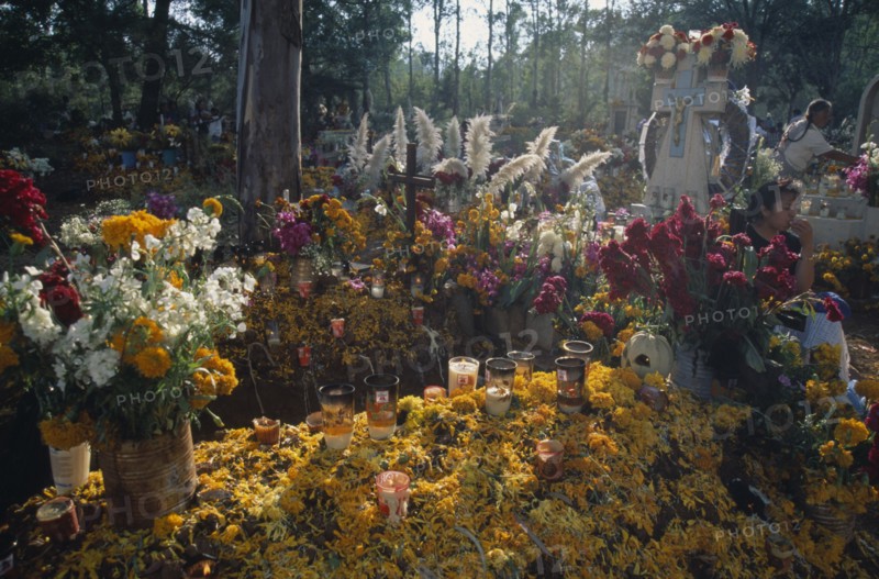 MEXICO, Michoacan State, Patzcuaro, Graves in Tzurumutaro cemetery decorated with candles marigold petals orchids and other flowers for Day of the Dead celebrations.