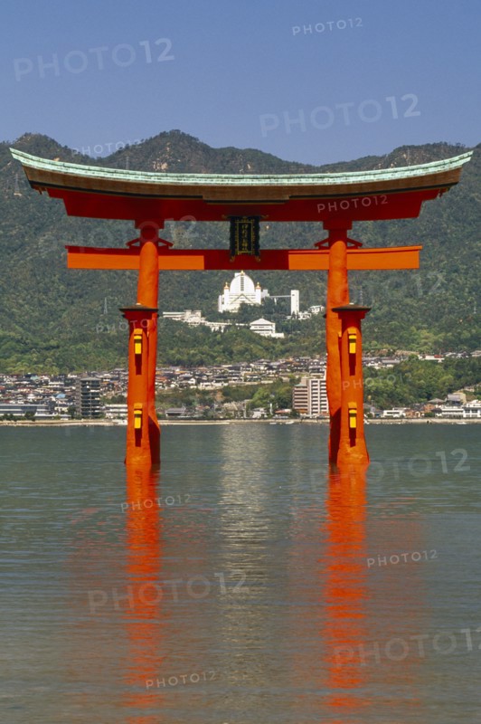 JAPAN, Honshu, Miyajima Island, View of the Great Torii gate which is the sea entrance to the Itsukushima Shrine