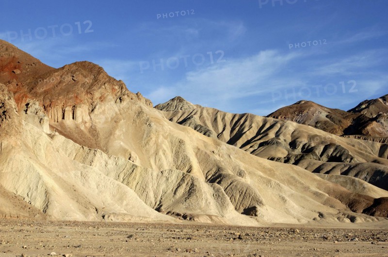 USA, California, Death Valley, View toward layered sculpted rock hills