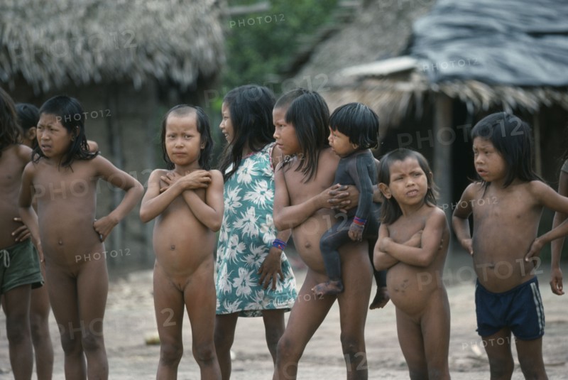 BRAZIL, Amazon, Xikrin children with strips of shaved hair and one small child with body painted with black genipapo dye.