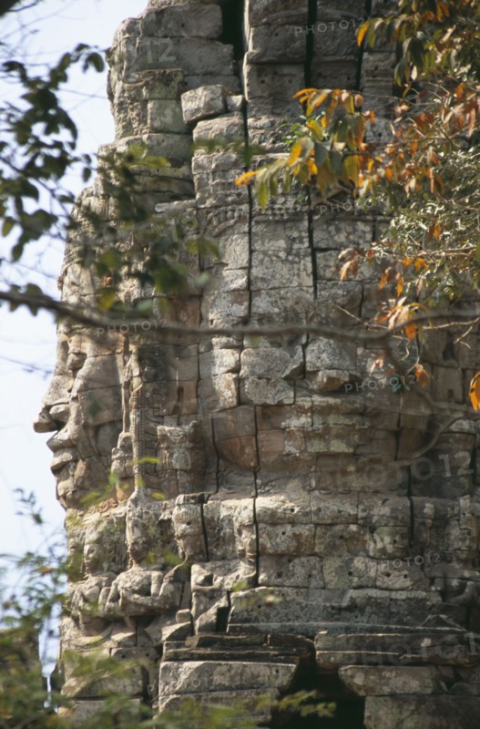 CAMBODIA, Siem Reap, Angkor, Ta Prohm monastic complex detail of the four faced west gate seen through trees