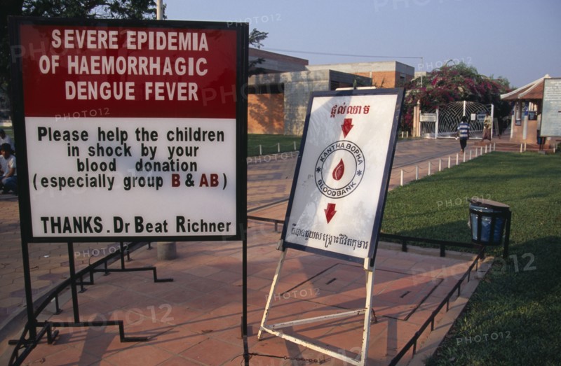 CAMBODIA, Siem Reap, Sign outside the Childrens Hospital asking for blood donations due to a severe epidemic of haemorragic dengue fever