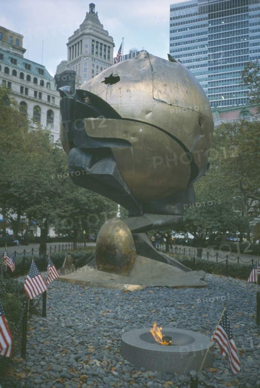 USA, New York, Manhattan, Fritz Koenig Sphere sculpture formerly sited at the World Trade Center now Ground Zero monument in Battery Park