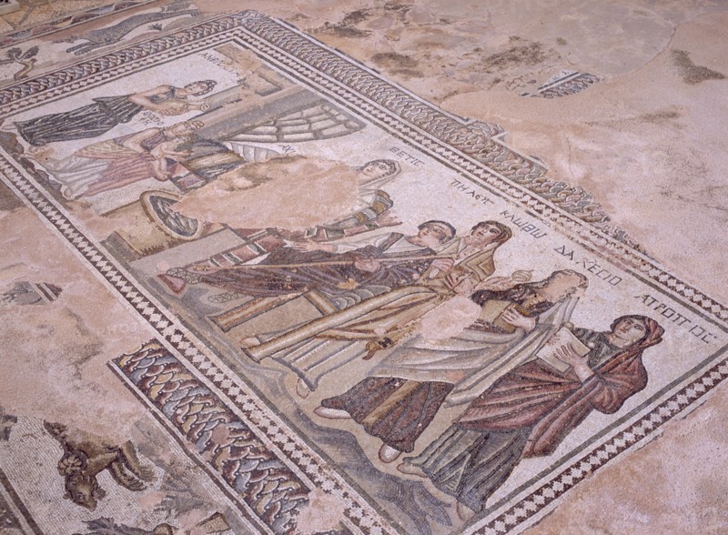 CYPRUS, Paphos, Villa of Theseus.  Detail of mosaic depicting group of people and child.