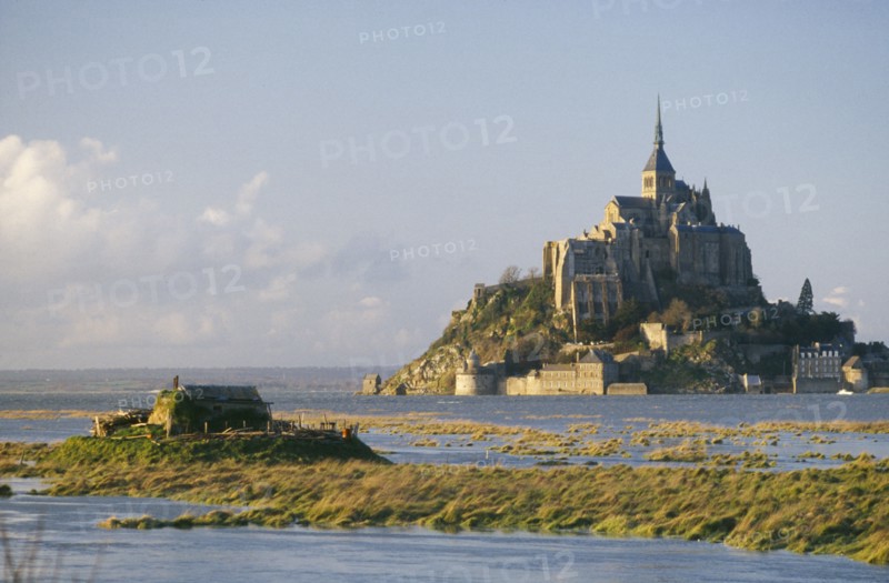FRANCE, Normandy, Mont St Michel, View towards the island and church