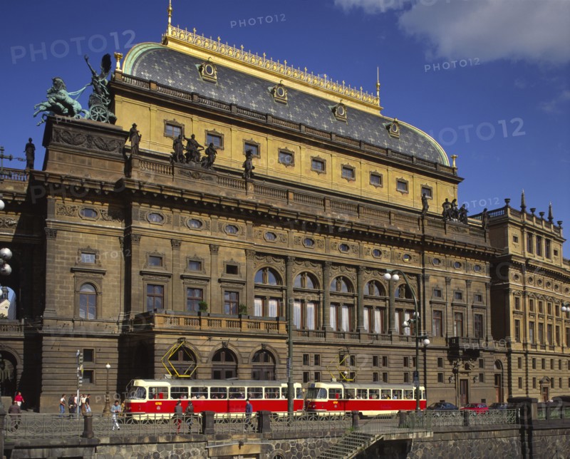 CZECH REPUBLIC, Stredocesky, Prague, National Theatre or Narodni Divadlo. Exterior facade with passing tram