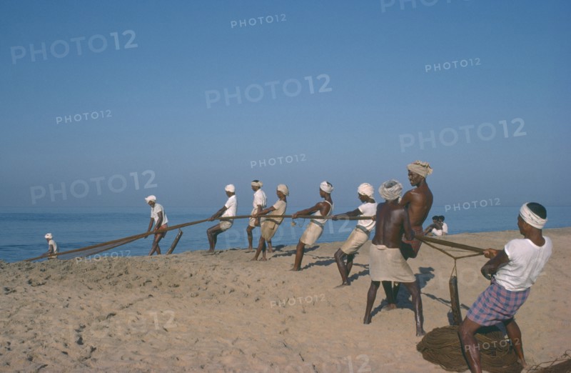 INDIA, Kerala, Kovalam, Fishermen on beach pulling in nets.