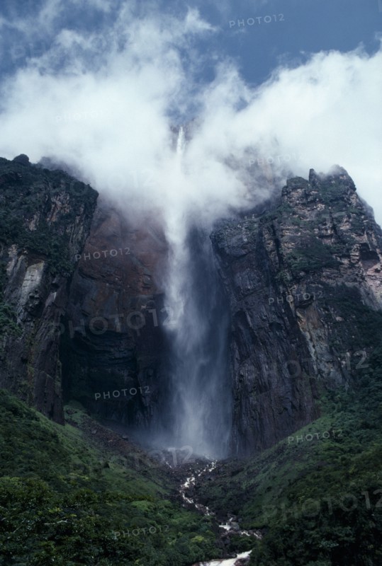 VENEZUELA, Bolivar, Canaima National Park, Angel Falls.  Highest waterfall in the world vaults from a tepuis or flat topped mesa.