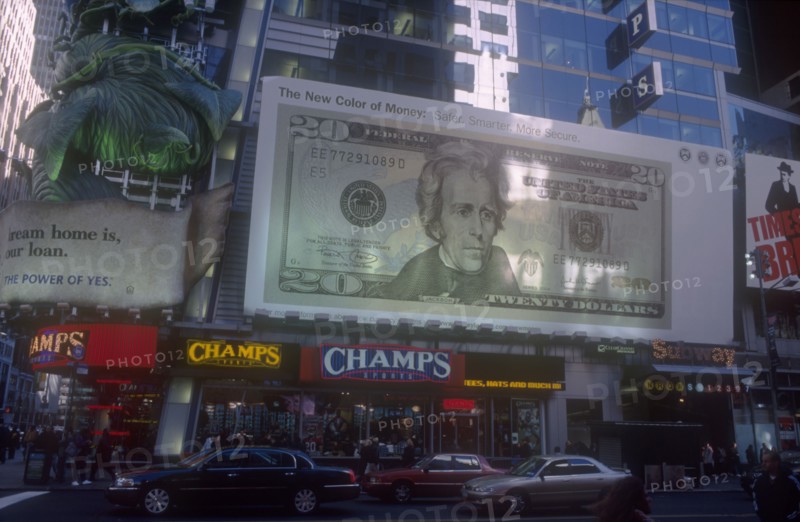 USA, New York, Manhattan, Advertising showing new US Dollar note with added colour for increased security