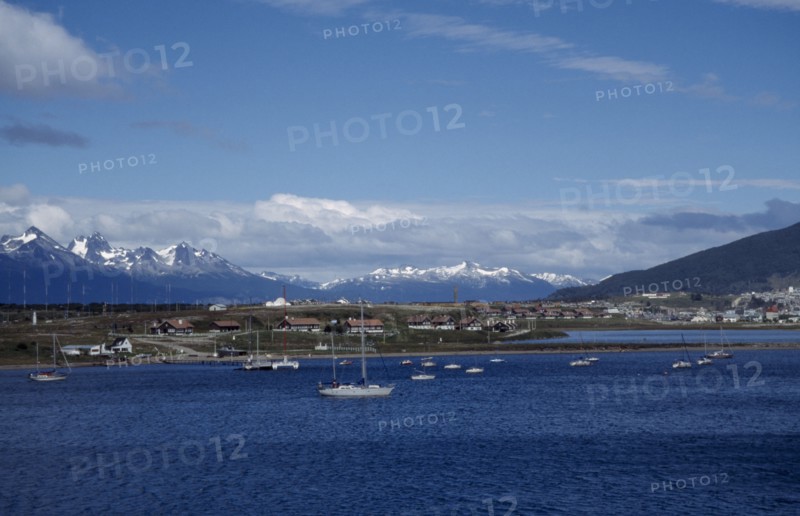 ARGENTINA, Tierra del Fuego, Ushuaia, View across the Beagle Channel to the southernmost town in the world.