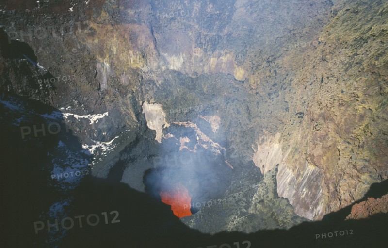 CHILE, Los Lagos, Volcan Villarrica, View down to red hot lava in crater of volcano in the lake District.