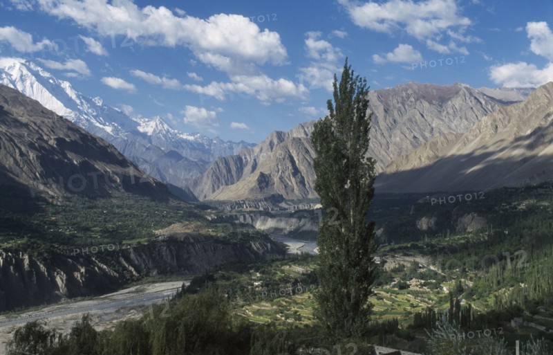 PAKISTAN, Northern Areas, Hunza Valley, View across valley to mountain peaks from the Baltit Fort.