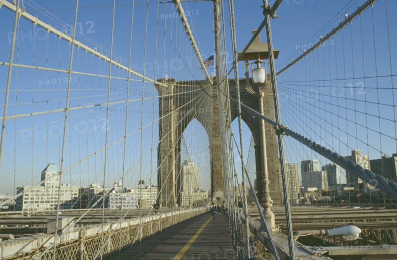 USA, New York, Manhattan, Brooklyn viewed from the walkway on the Brooklyn Bridge