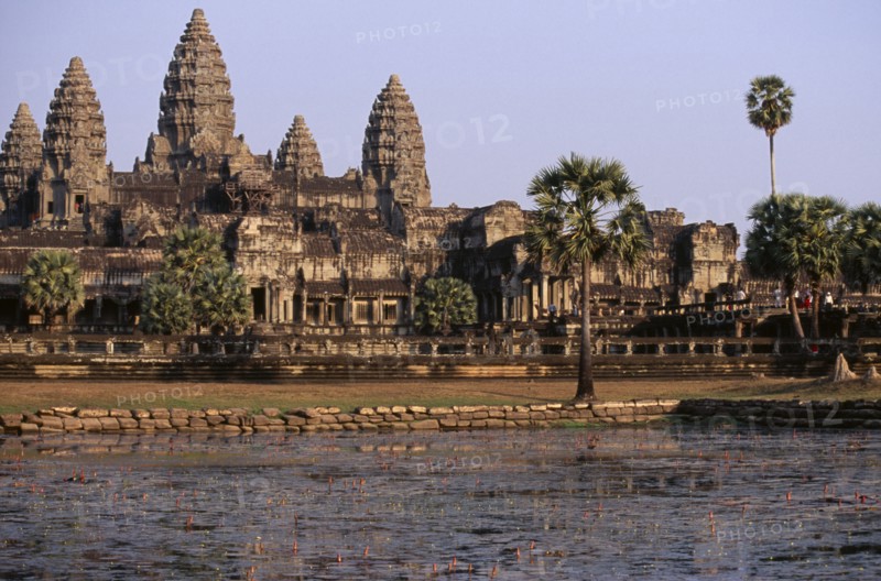 CAMBODIA, Siem Reap, Angkor Wat, The central complex seen across the water lilly pond