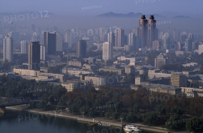 NORTH KOREA, Pyongyang, Cityscape with the Koryo Hotel twin towers amongst other skyscrapers.