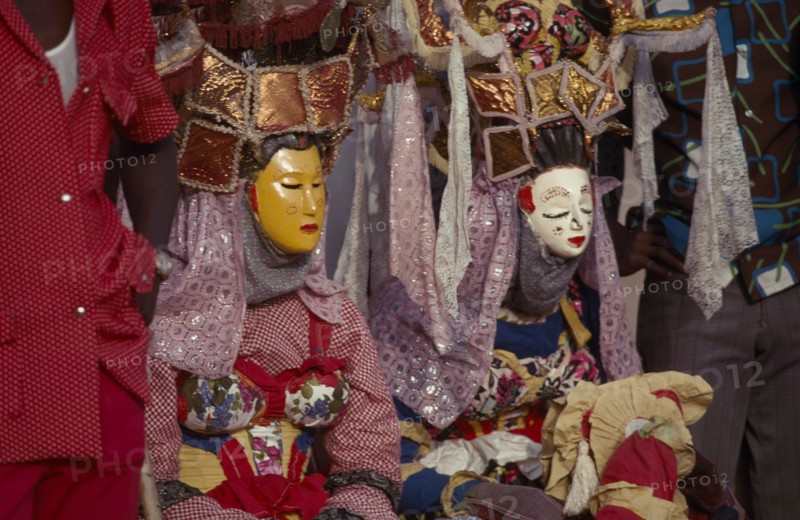 SIERRA LEONE, People, Kaka Devil secret society masked people seated