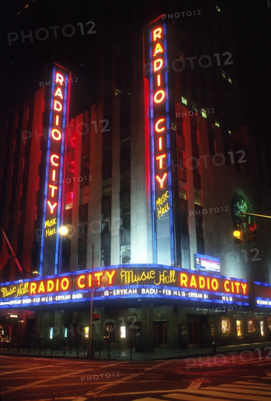 USA, New York State, New York City, Radio City Music Hall and the Rockefeller Centre illuminated at night