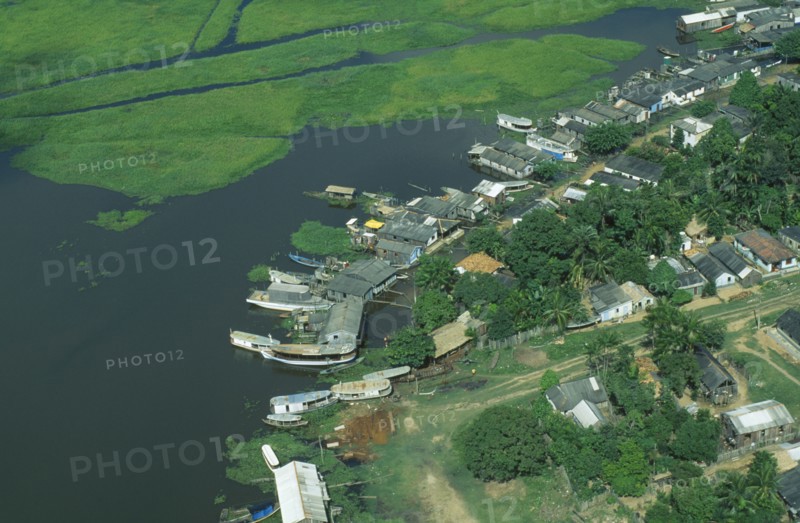 BRAZIL, Para, Obidos, Aerial view over urban home gardens in the Amazon