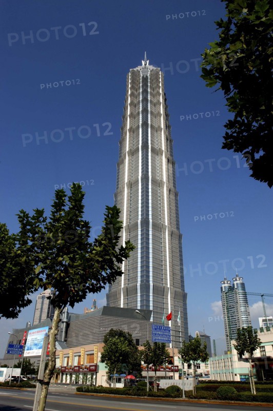 CHINA, Shanghai, Angled view looking up at the Hyatt Hotel skyscraper