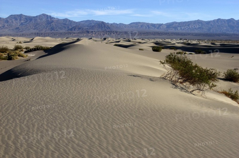 USA, California, Death Valley, View over sand dunes in the desert landscape with a rocky horizon in the distance