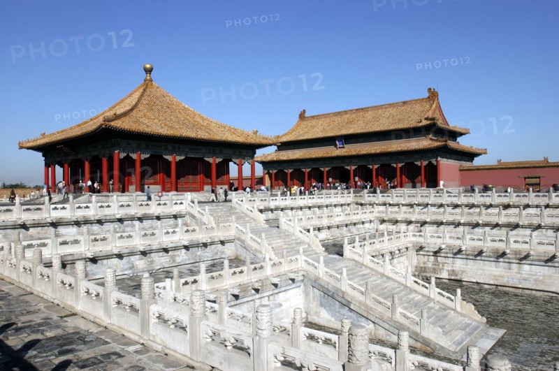 CHINA, Beijing, Forbidden City, Small group of buildings in the complex on a raised level with steps leading up to them