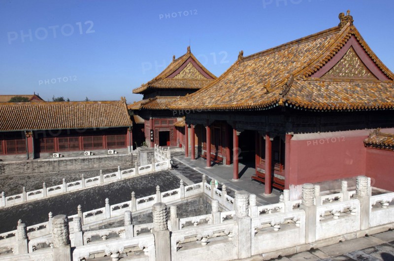 CHINA, Beijing, Forbidden City, Small group of buildings in the complex on a raised level with steps leading up to them