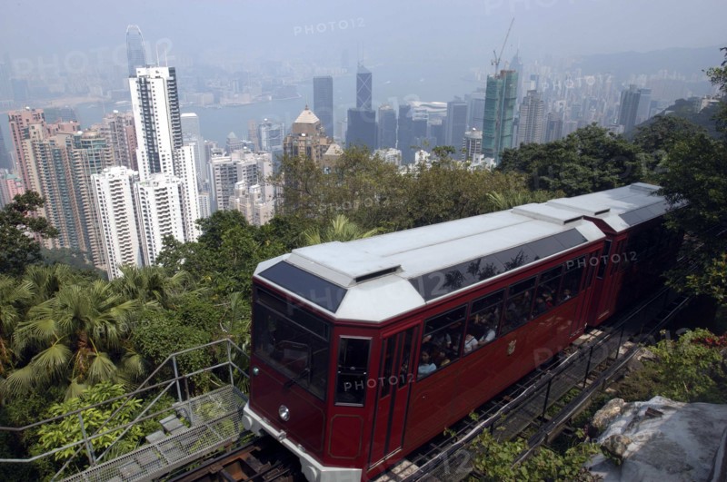 HONG KONG, General, Hillside cable car carriage overlooking the cityscape below