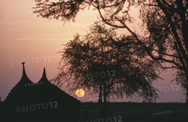 SUDAN, South, Dinka huts silhouetted at sunset.