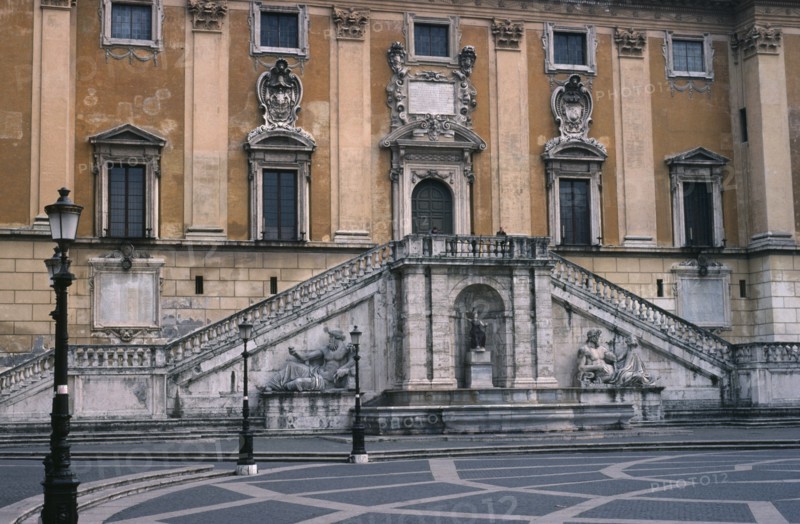 ITALY, Lazio, Rome, Piazza del Campidoglio.  Part view of exterior of the Palazzo Senatorio or Senators Palace.