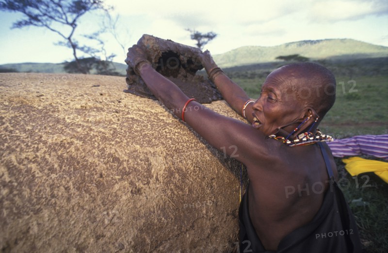 KENYA, Kajiado, A Maasai woman covers her hut with cow dung which has the effect of waterproofing the roof .