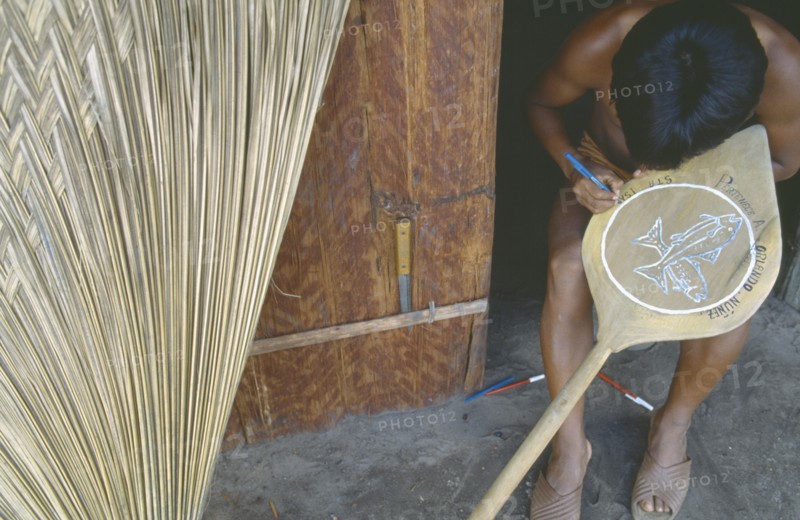 COLOMBIA, Amazonas, Santa Isabel, A Macuna Indian painting design depicting fish onto wooden oar.