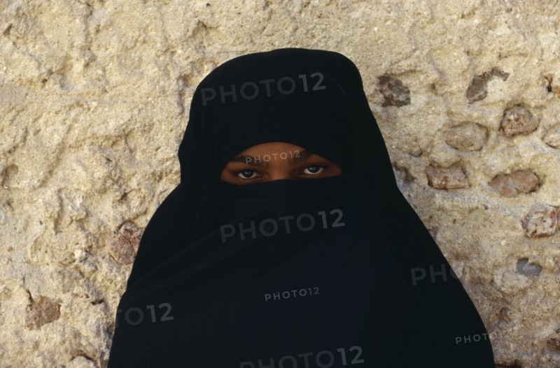 KENYA, Lamu Island, People, Portrait of veiled woman.
