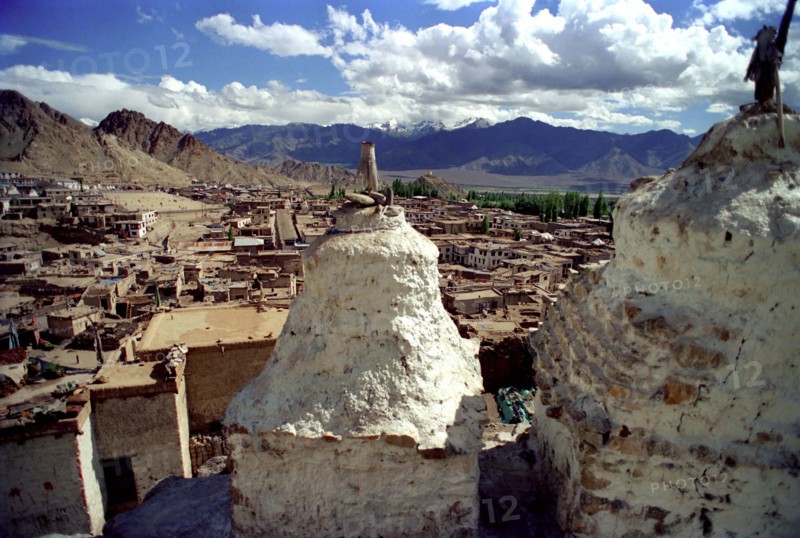 INDIA, Ladakh, Leh, Township viewed from the ancient Leh Palace and Gompa rooftop