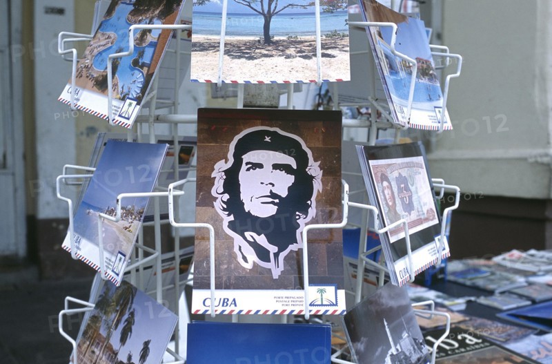 CUBA, , Close up of a rack of post cards depicting Che Guevara