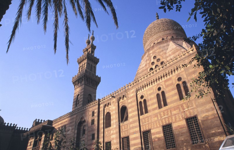 EGYPT, Cairo , Akhur Mosque.  Exterior with carved dome and three tiered minaret.
