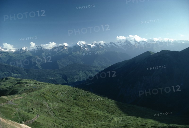 GEORGIA, Caucusas Mountains, Mountain landscape with distant snow covered peaks and dense forest on lower slopes.