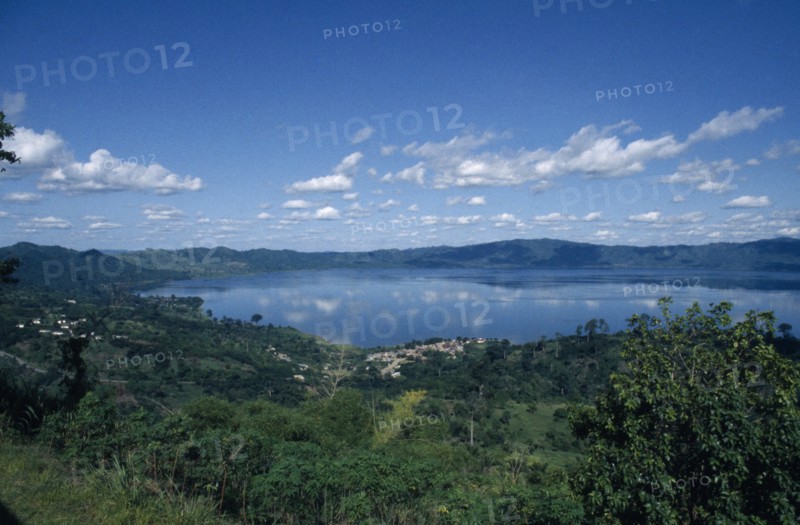 GHANA, Lake Bosumtwi, View across lake formed in volcanic crater