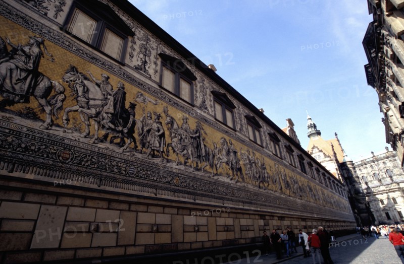 GERMANY, Sachsen, Dresden, View along Fursten Zug a long elaborate mural depicting a train of kings