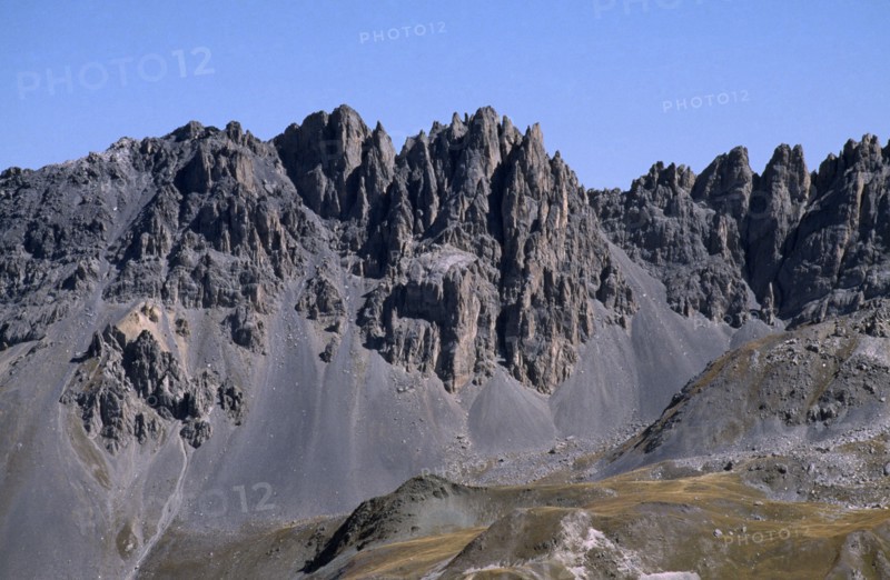 FRANCE, Rhone Alps, Near Valloire, View of Col de Galibier rocky mountains screeslope