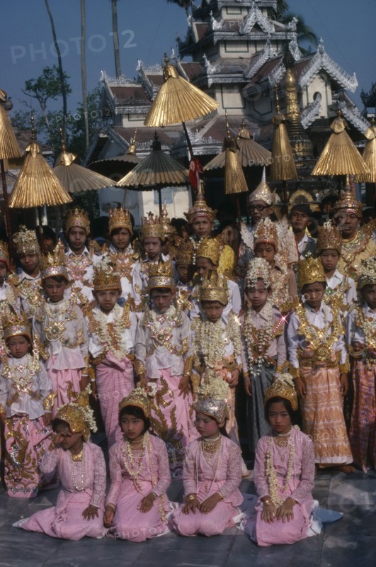 MYANMAR, Religion, Buddhism, Shwedagon Pagoda.  Initiation of novices at the Shinpyu ceremony.