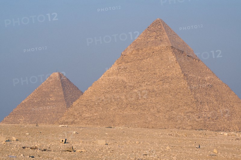 EGYPT, Cairo Area, Giza, Great Pyramid of Cheops or Khufu partly seen behind Pyramid of Chephren also known as Khafre or Khephren.